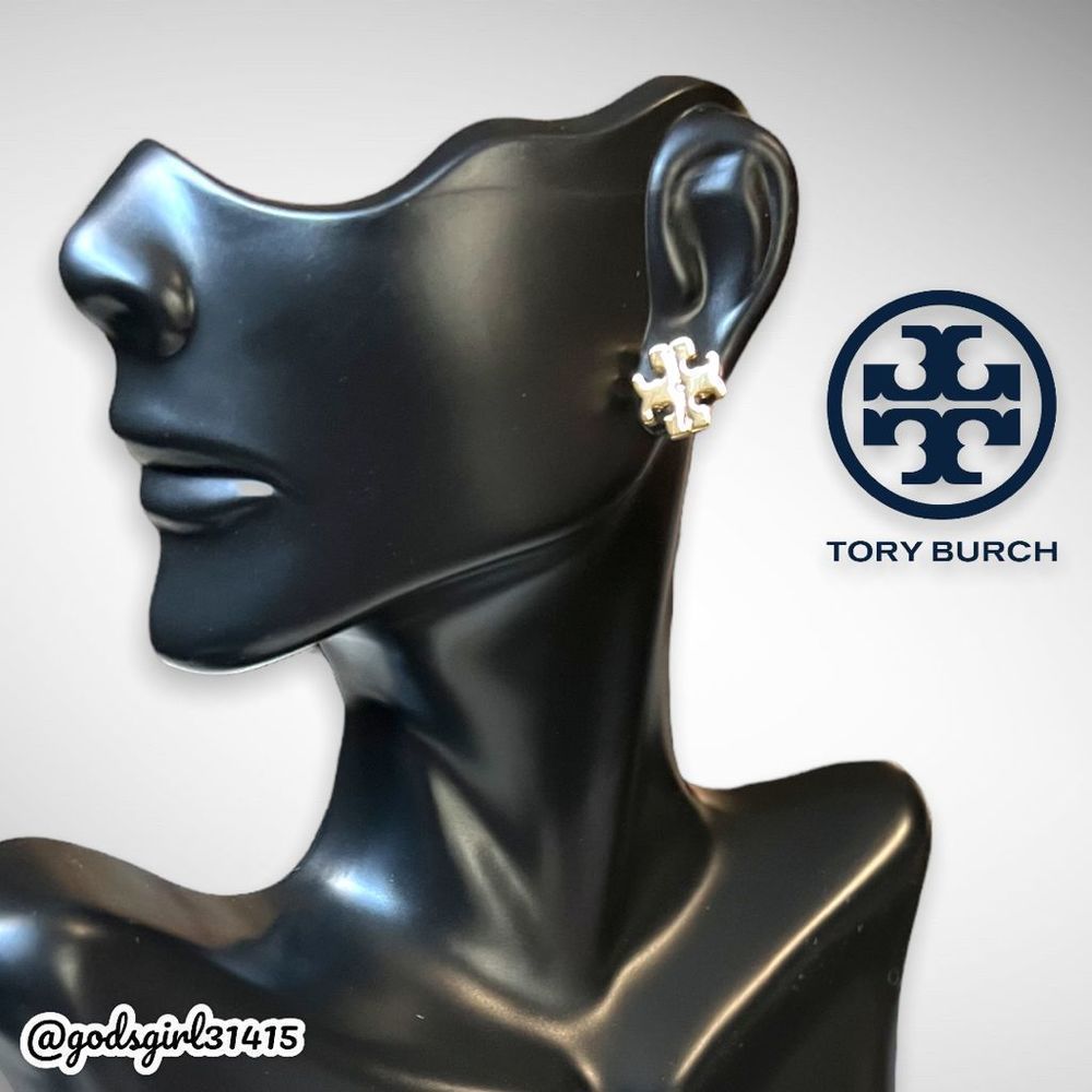 NWT Tory Burch 18K Gold Plated Kira Logo Stud Earrings & Dust Bag $78 - Picture 11 of 12